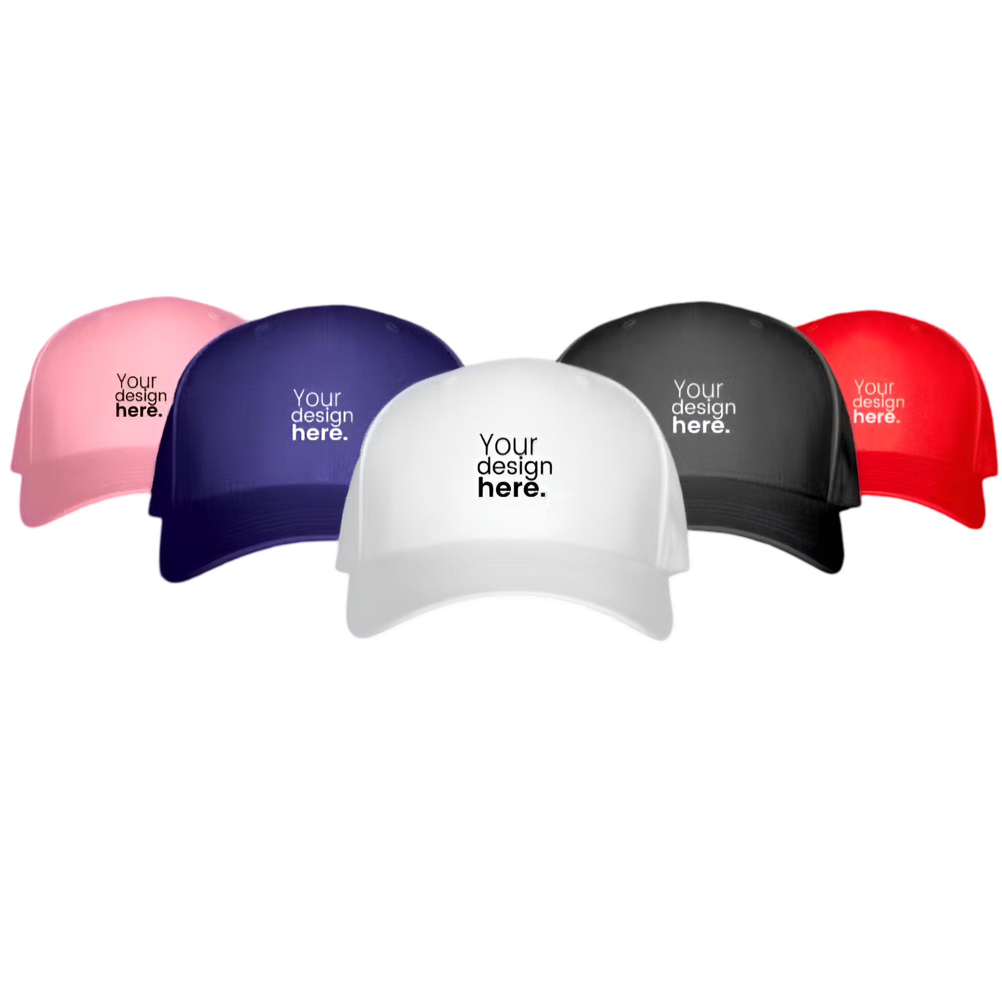 Five customizable baseball caps in different colors on a white background