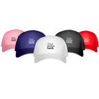 Five customizable baseball caps in different colors on a white background
