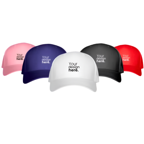 Five customizable baseball caps in different colors on a white background